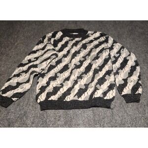 Vintage Jed Mens Large Abstract Diagonal Knit Sweater Black White Crewneck Retro